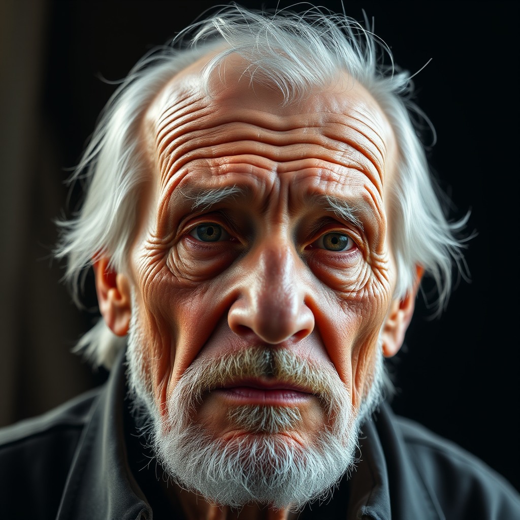 ultra realistic portrait of an old man, deep wrinkles, emotional expression, natural light