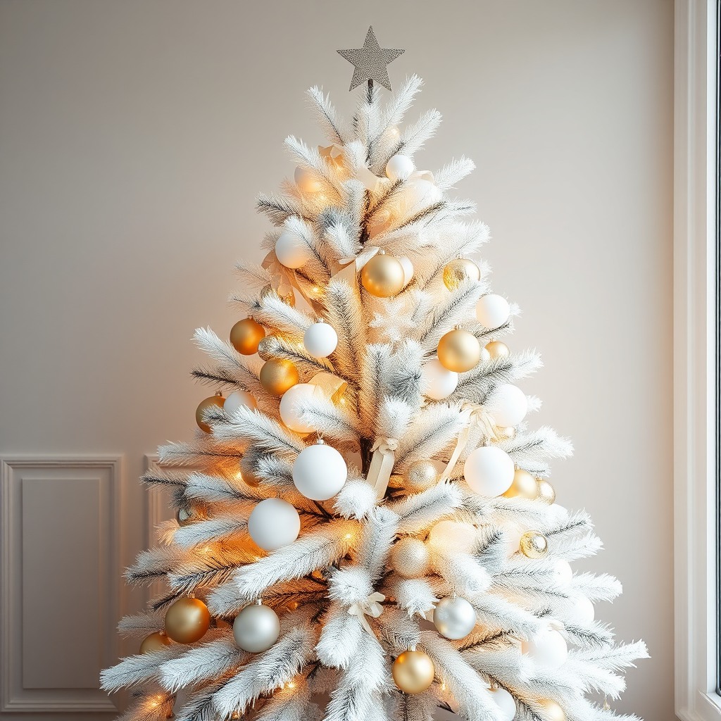 modern christmas tree with white and gold decorations, minimalist style