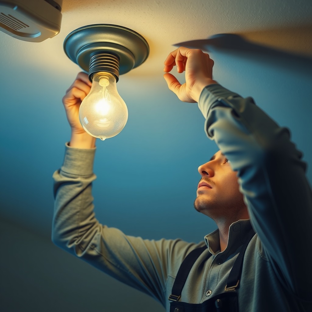 Photo-realistic editorial photography, realistic scene representing a man replacing light bulb in ceiling