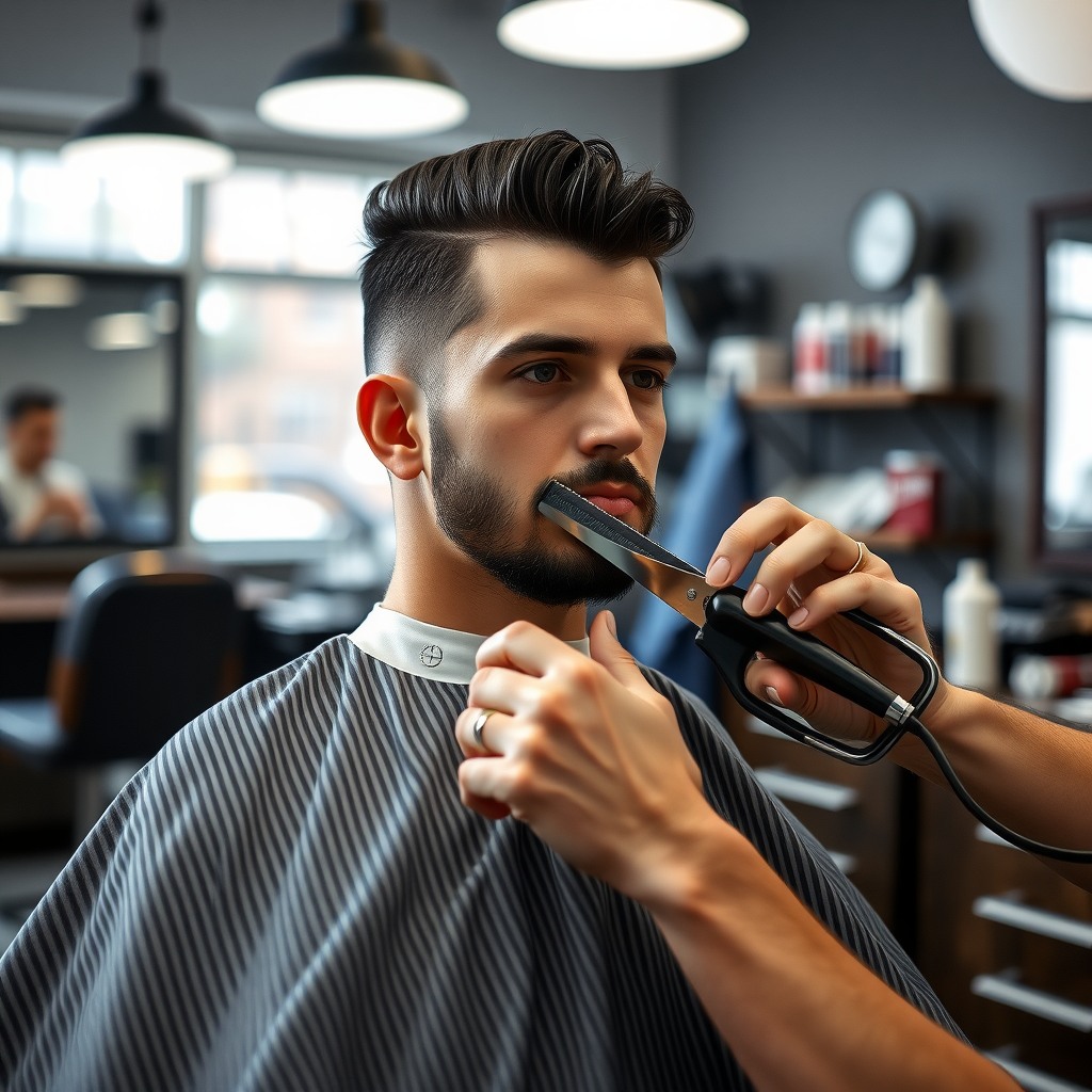 Photo-realistic editorial photography, realistic scene representing a barber cutting hair in modern barbershop, natural light, professional composition