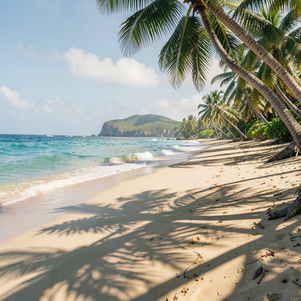 Photo-realistic tropical coastline with palm shadows on sand, natural color grading, high fashion editorial