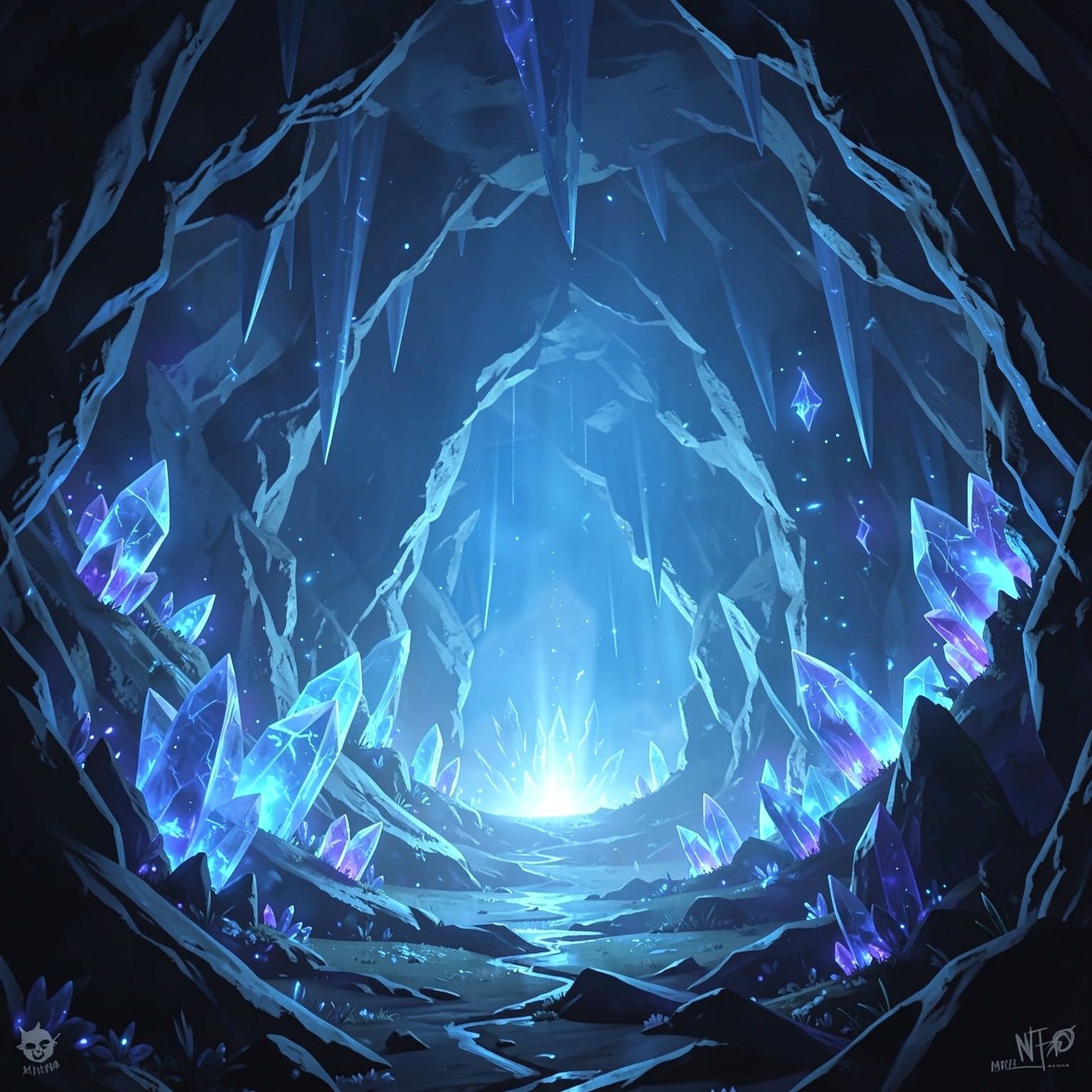 fantasy crystal cave glowing with blue energy