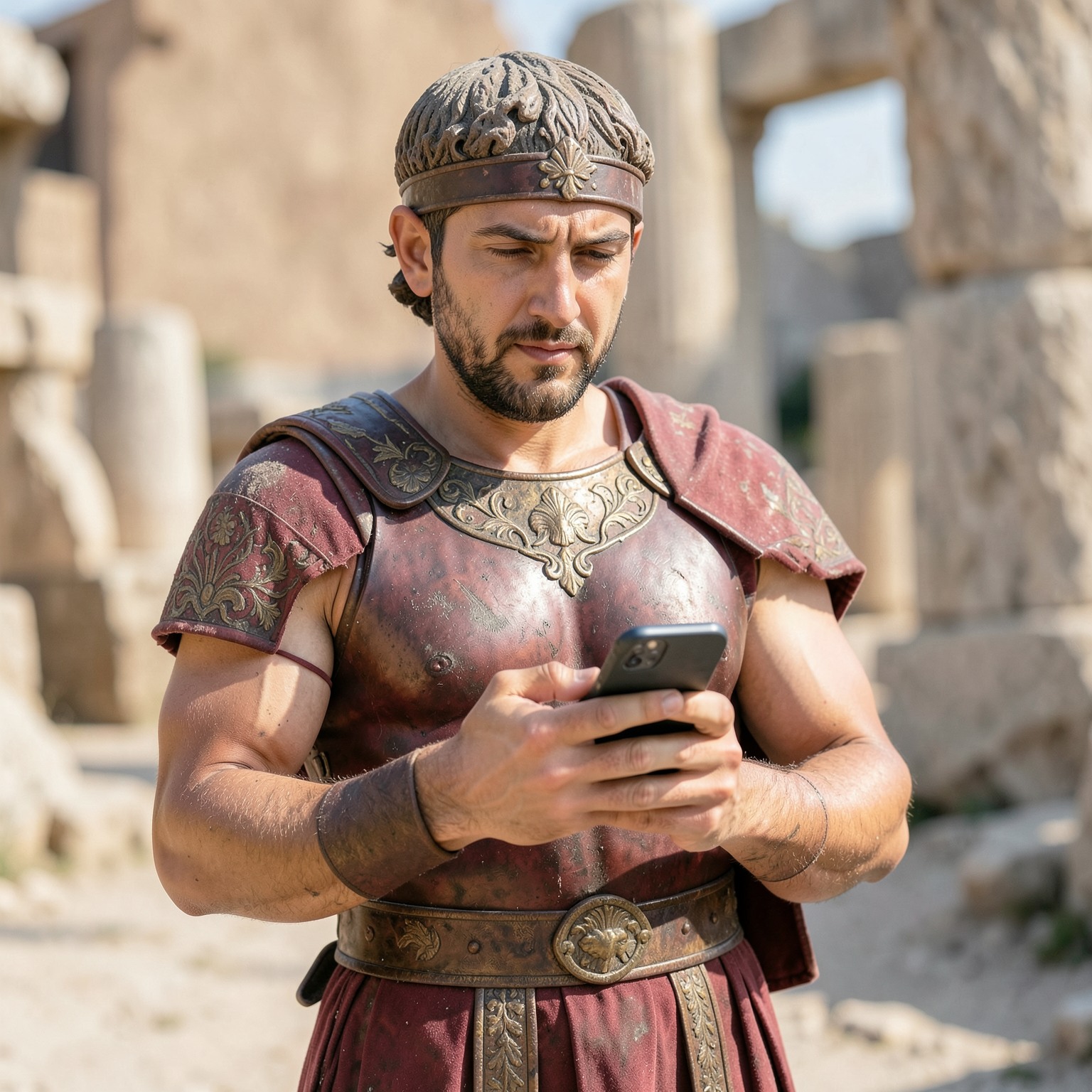 ancient Roman soldier using modern smartphone
