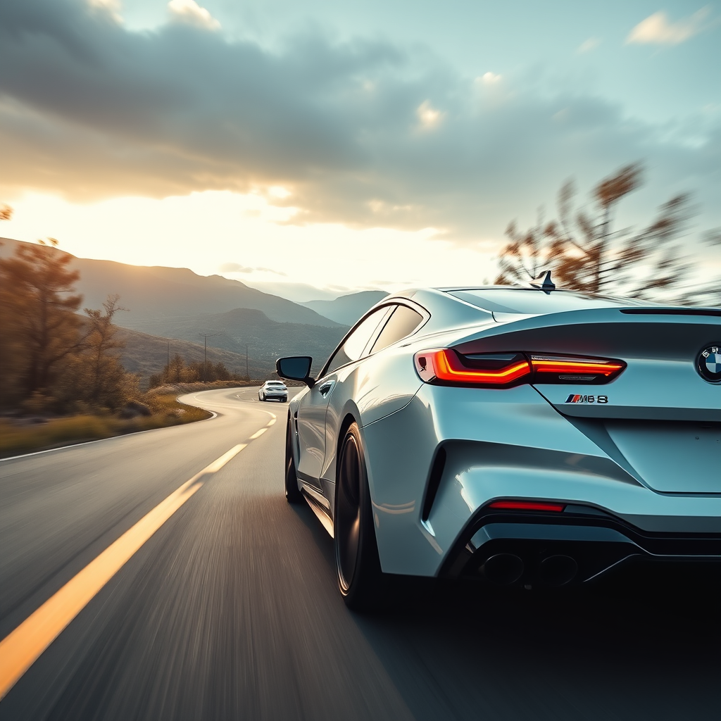 bmw car m8  on the road, photorealistic cinematic, wide angle, 24mm wide lens