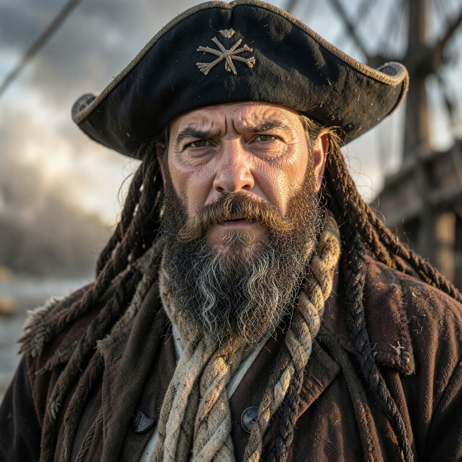 highly detailed pirate captain portrait, realistic beard texture, cinematic light