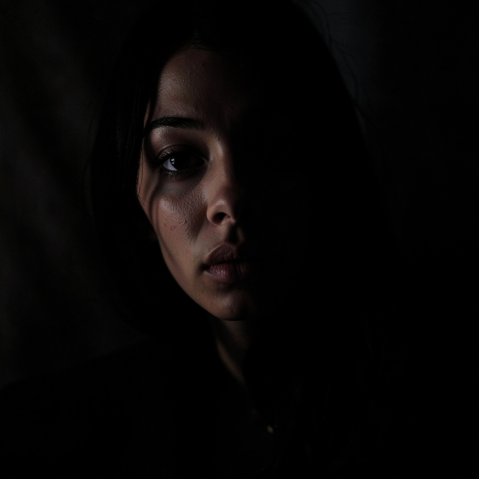 Tight shot of mysterious woman partially hidden in shadows, cinematic magazine look