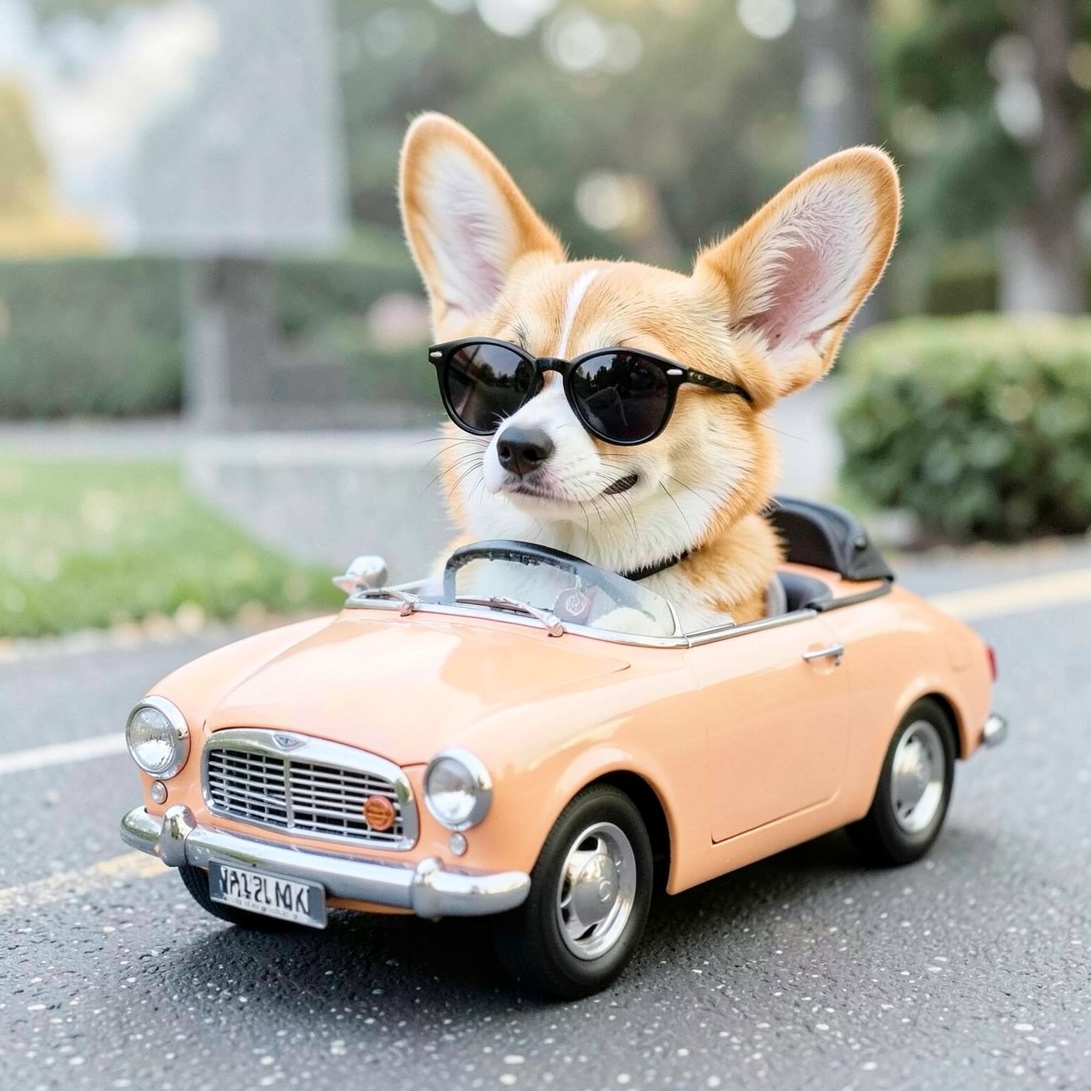 cute corgi wearing sunglasses driving tiny convertible car