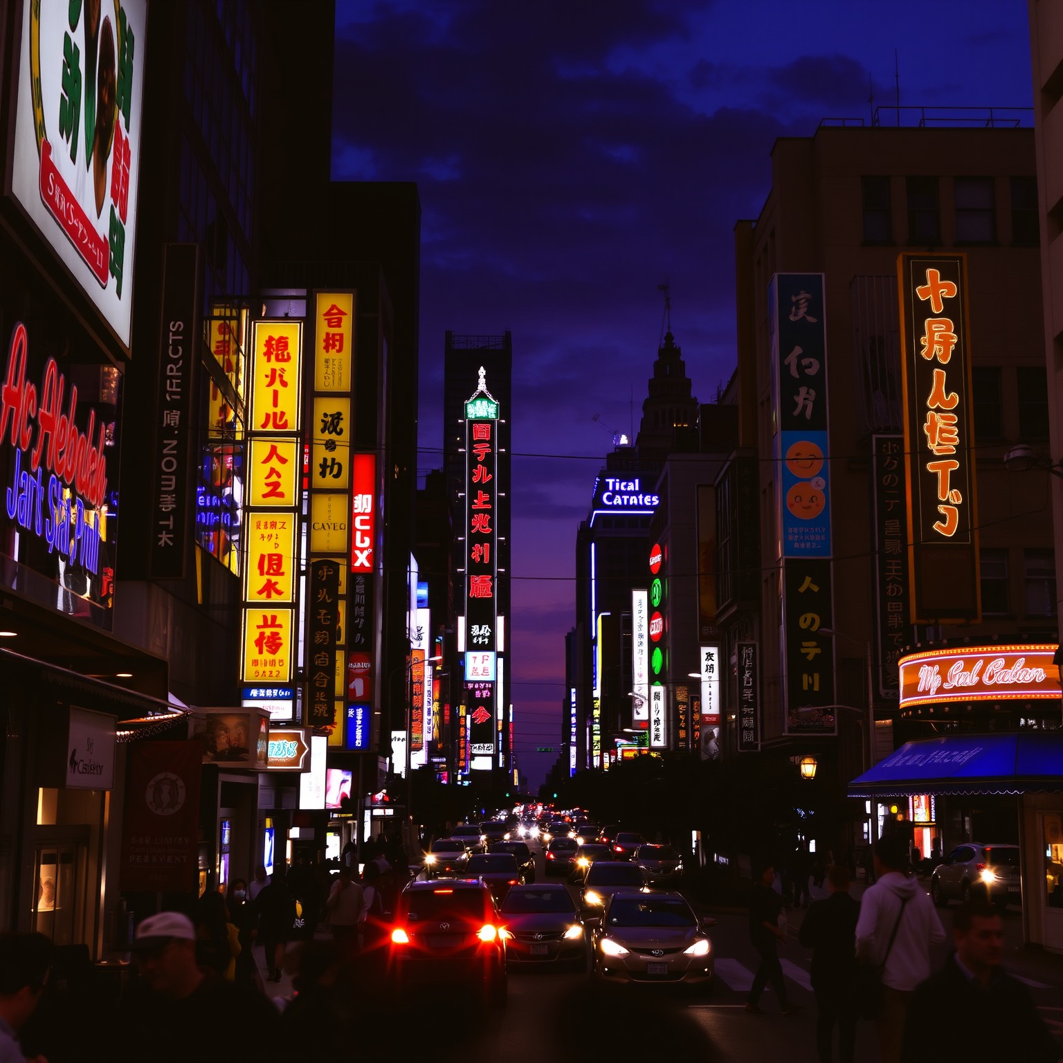 Twilight cityscape with neon lights illuminating bustling streets.