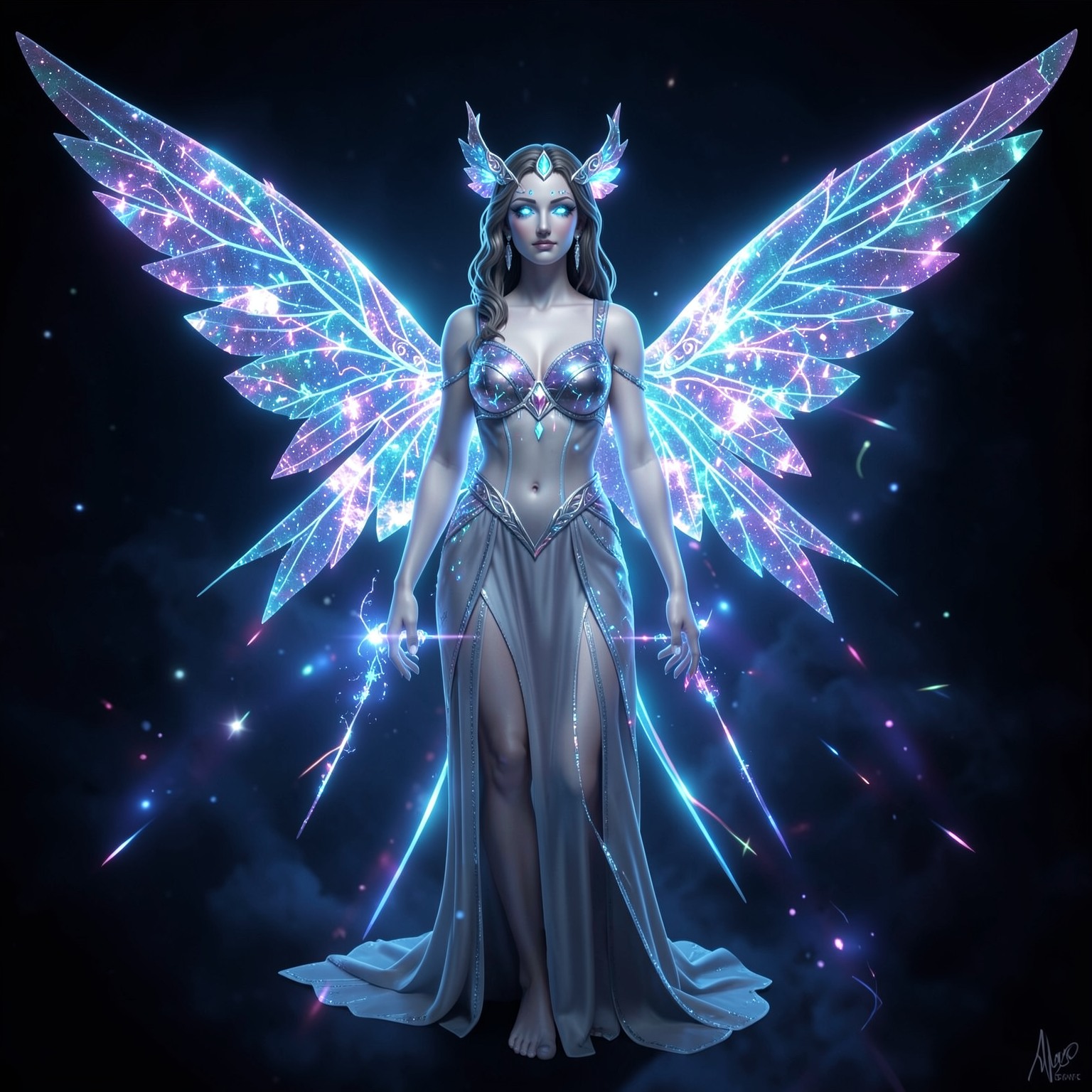 AI goddess with holographic wings and glowing eyes