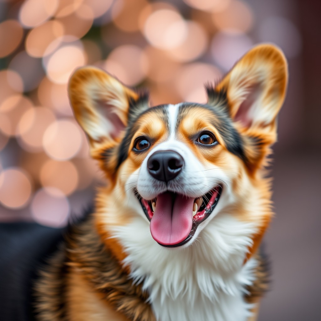 happy corgi, bokeh background, ultra detailed fur