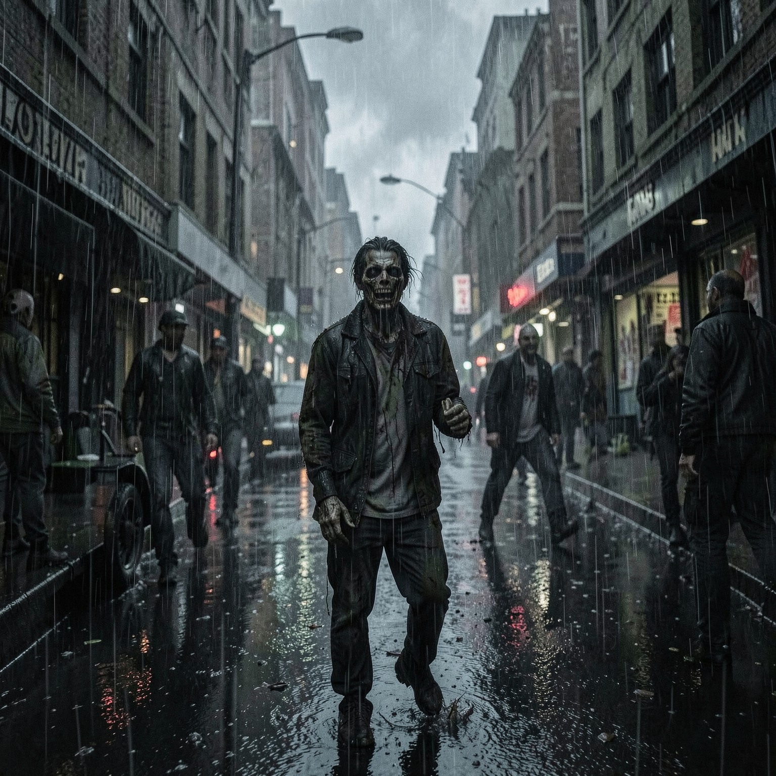 zombie apocalypse street during heavy rain