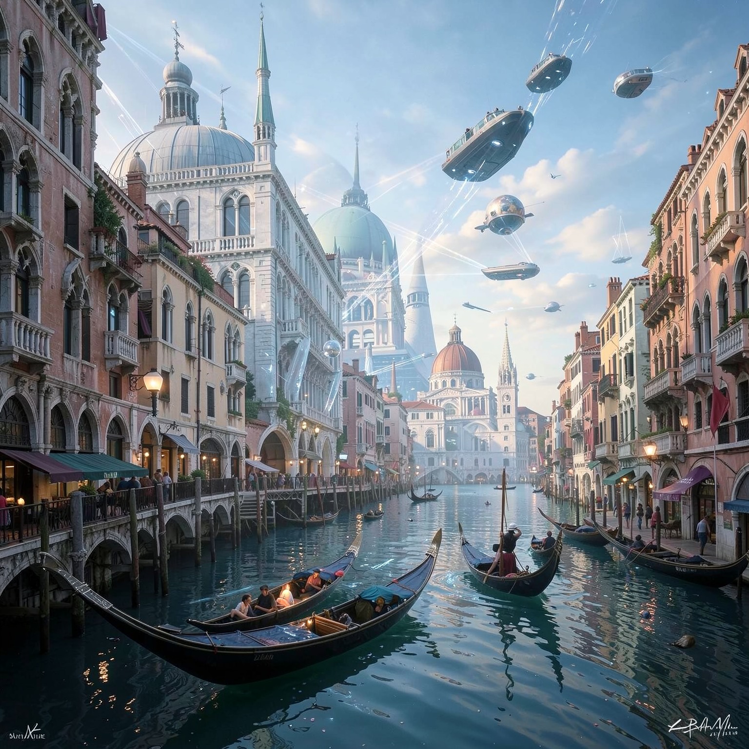 futuristic Venice with flying gondolas