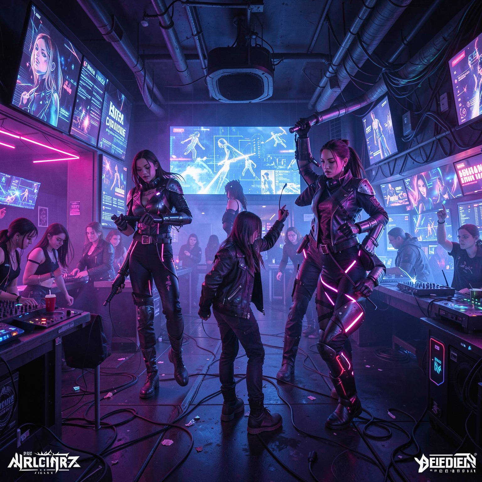 cyberpunk nightclub with neon dancers and holographic screens