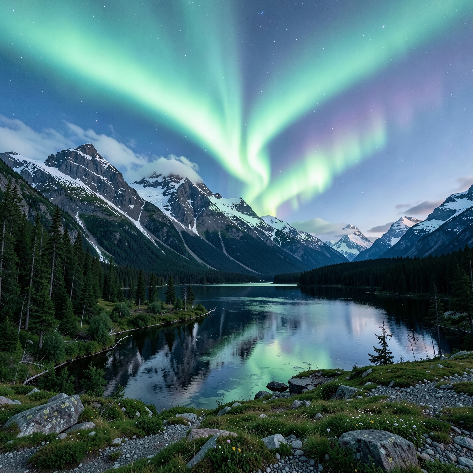 Beautiful Nordic landscape with mountains and aurora borealis, ultra realistic