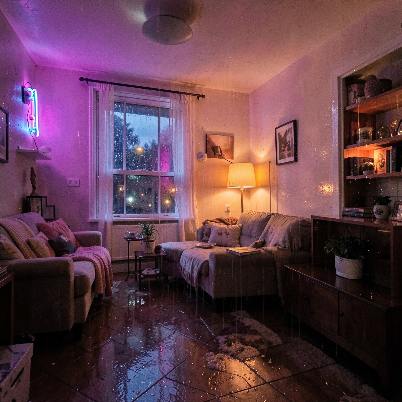 cozy rainy apartment with neon reflections