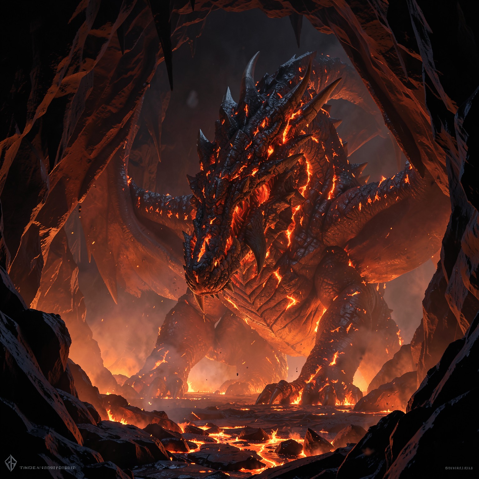 Giant lava dragon inside volcano chamber