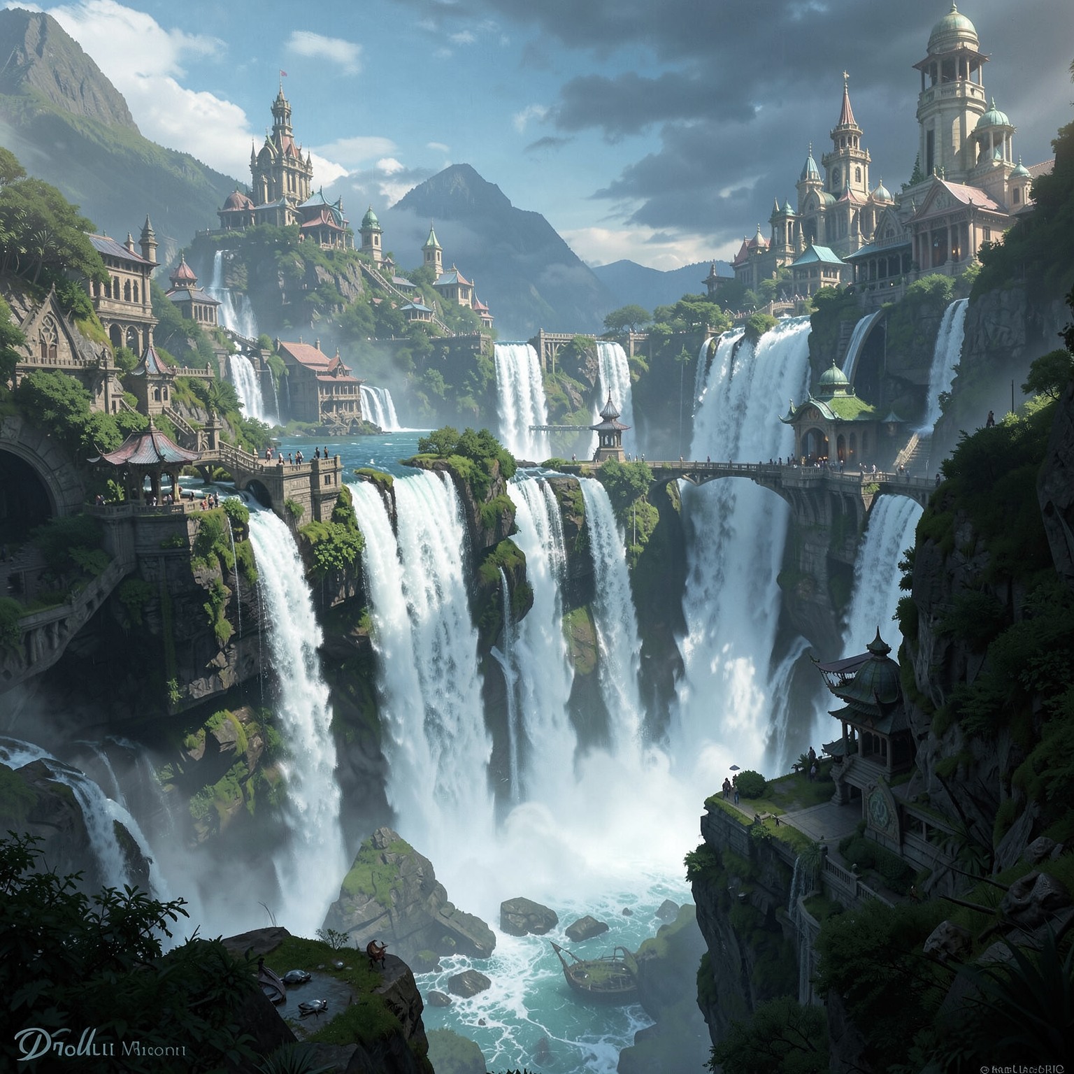 Massive fantasy waterfall city