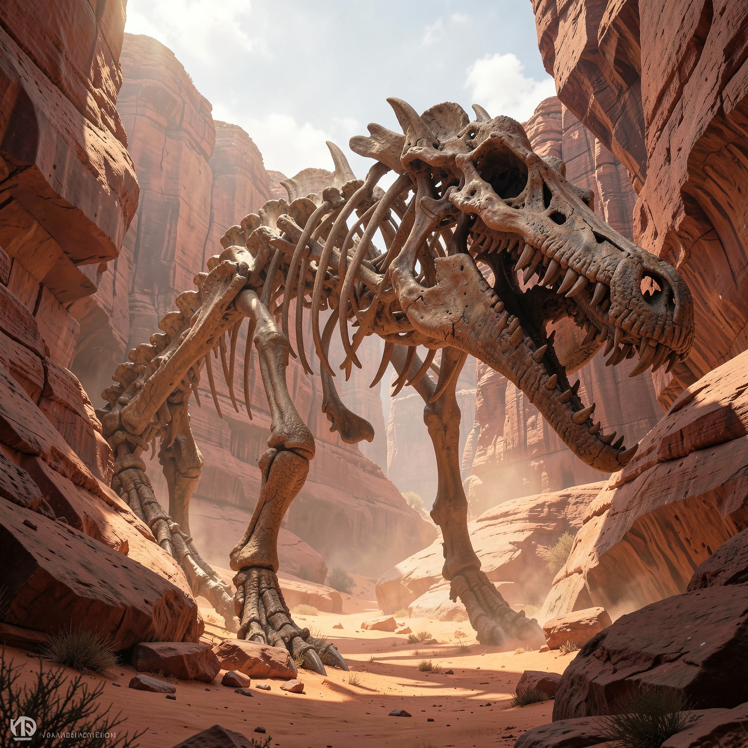 Giant dragon skeleton inside desert canyon