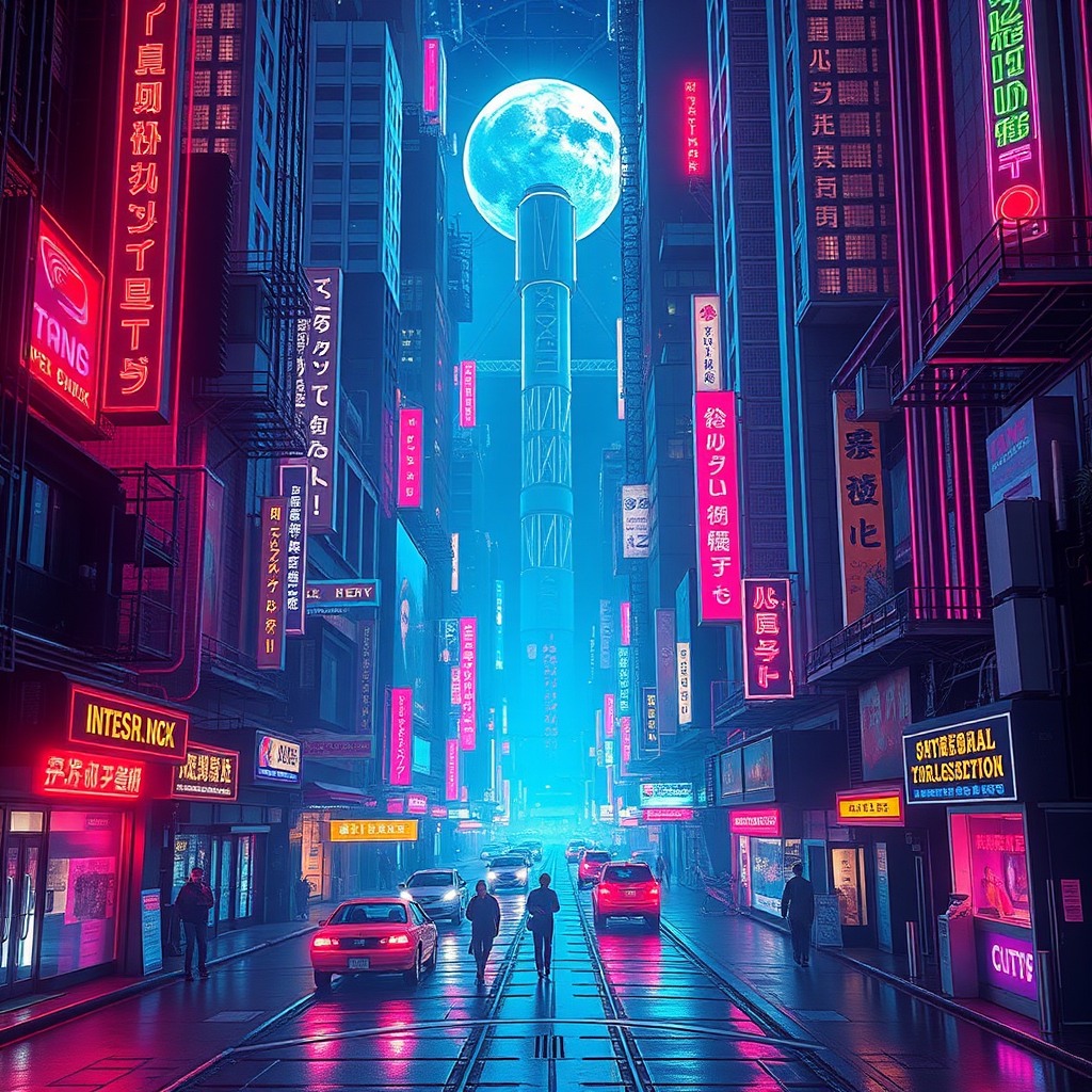 retro 1980s sci-fi city, neon lights, synthwave aesthetic, high detail