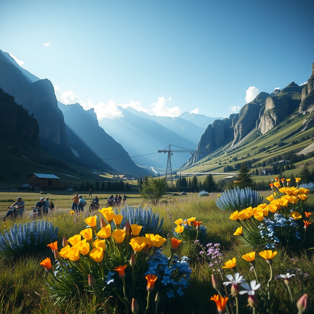 Photo-realistic editorial photography, realistic scene representing valley with wildflowers