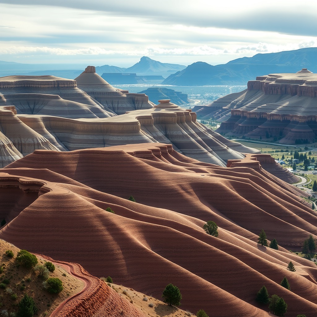 Photo-realistic editorial photography, realistic scene representing layered hills