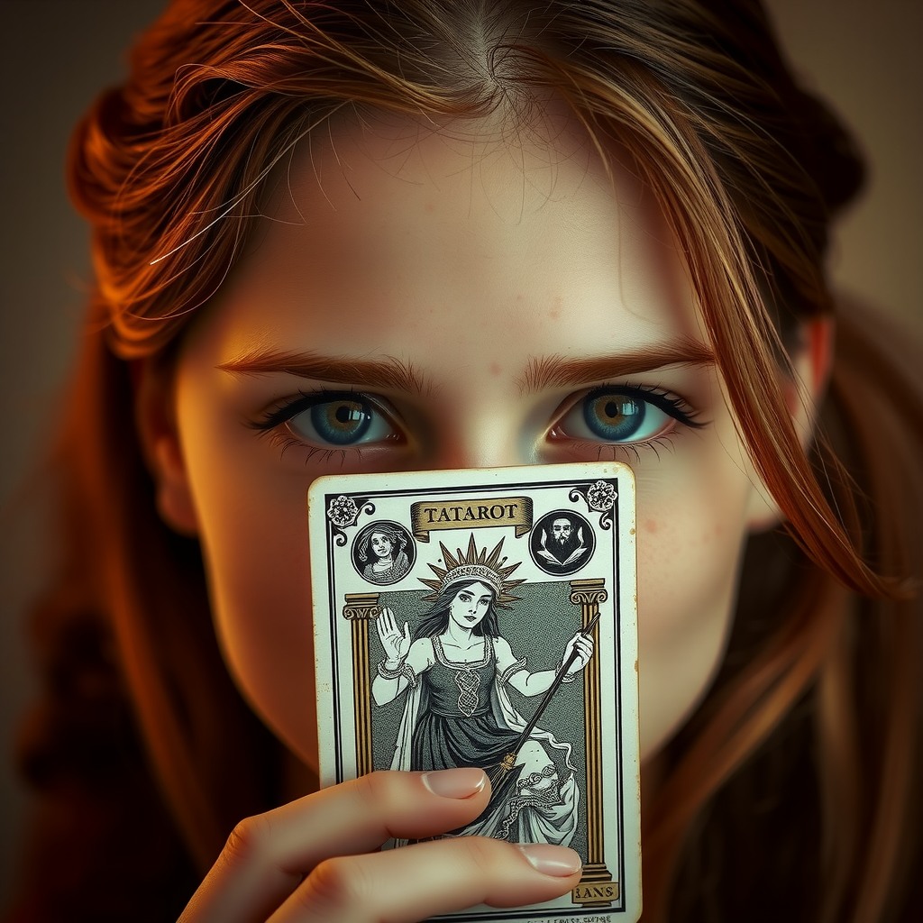 A close-up portrait of a young woman with freckles and auburn hair, holding a vintage tarot card in front of her face. Only her curious green eyes are visible above the ornate card design. Soft, warm lighting creates a mystical atmosphere.