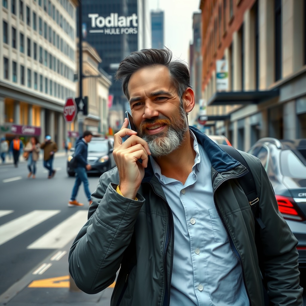 Photo-realistic editorial photography, realistic scene representing a man talking on smartphone while walking through city street