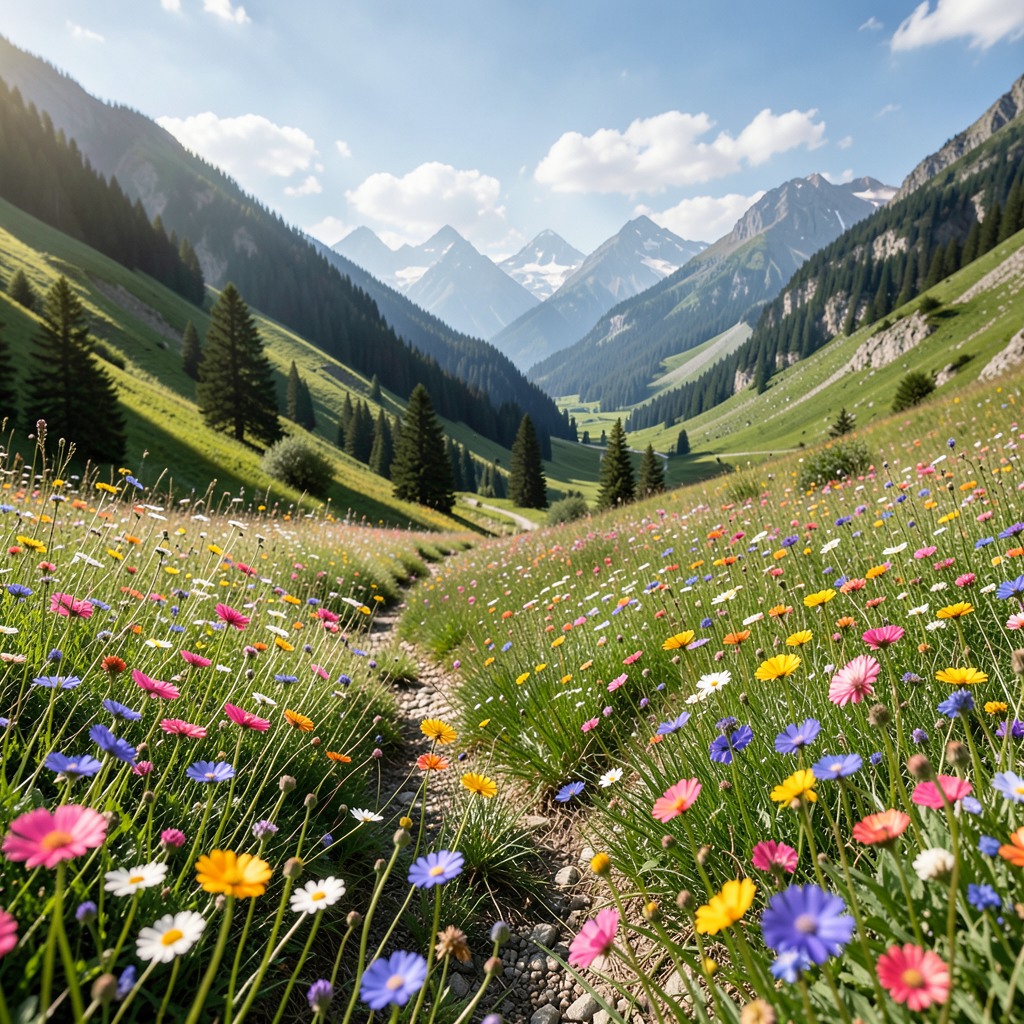Photo-realistic editorial photography, realistic scene representing valley with wildflowers