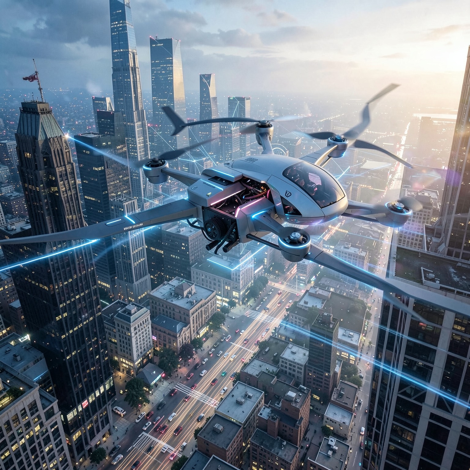 futuristic drone delivery system flying through city