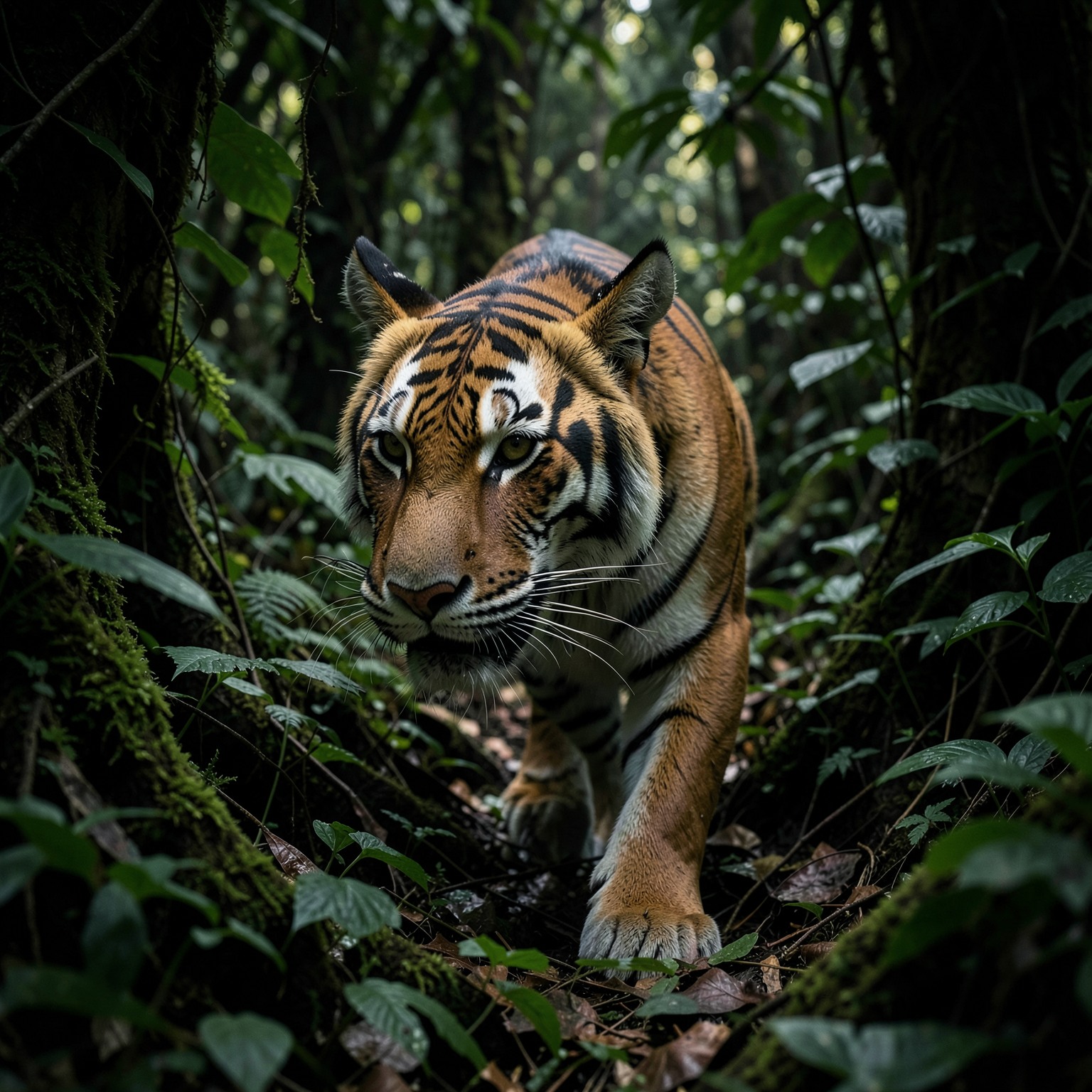 ultra realistic tiger emerging from jungle shadows