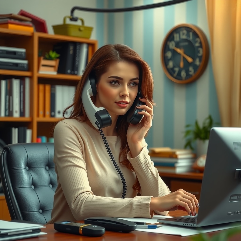 Photo-realistic editorial photography, realistic scene representing a woman answering phone call in home office