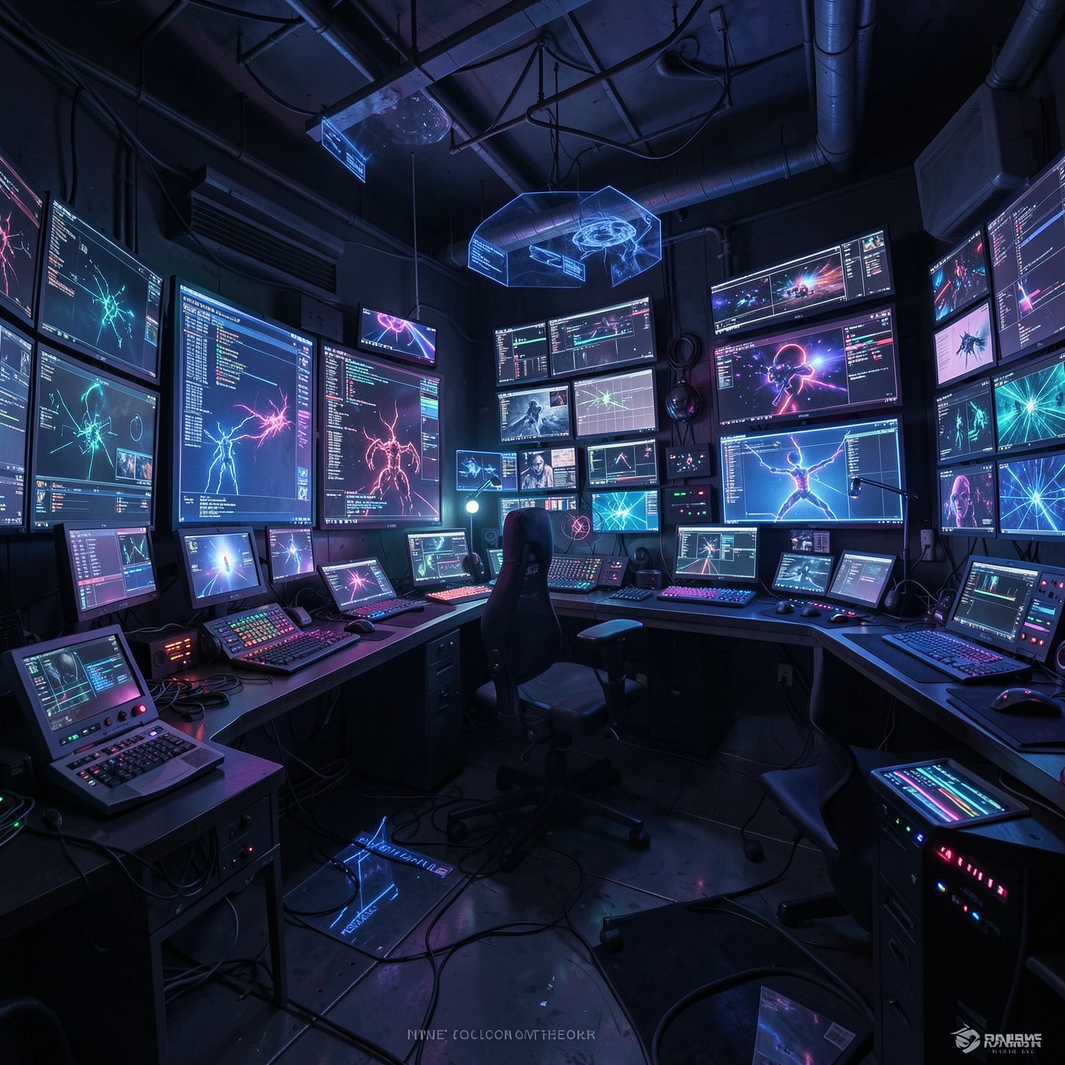 cyberpunk hacker room full of RGB screens and holograms