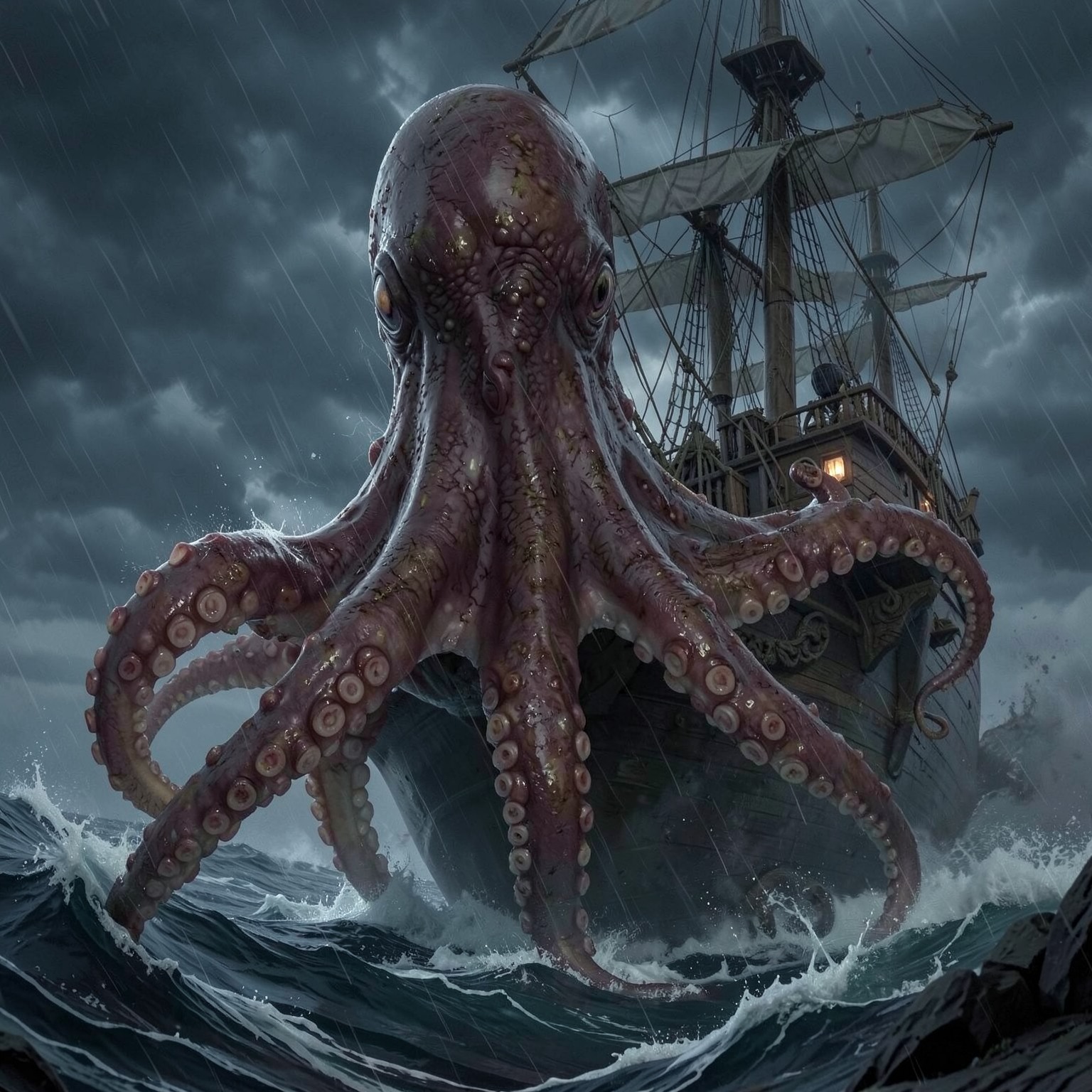 Giant octopus beneath pirate ship during storm