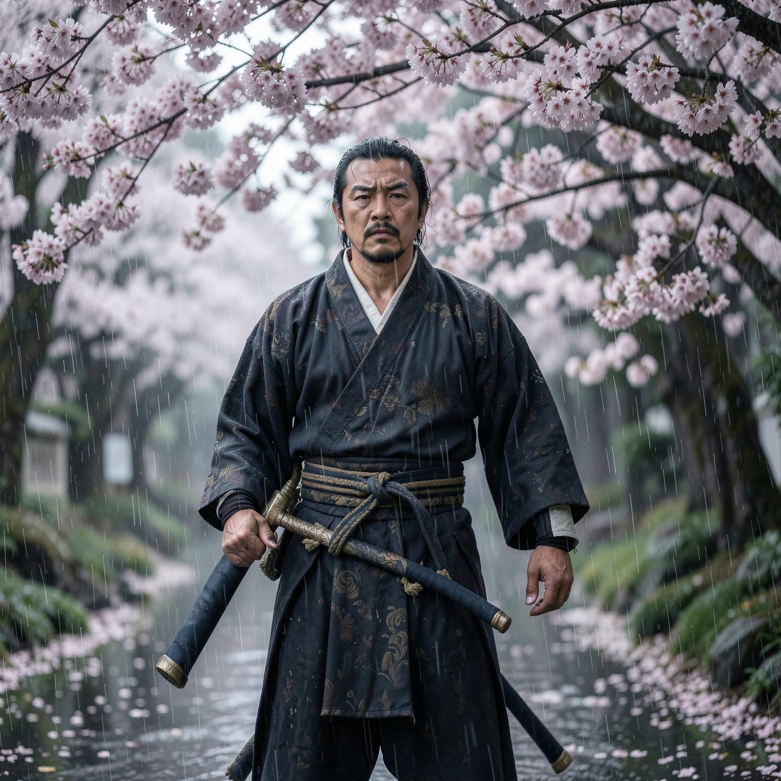 realistic samurai standing under cherry blossoms in the rain