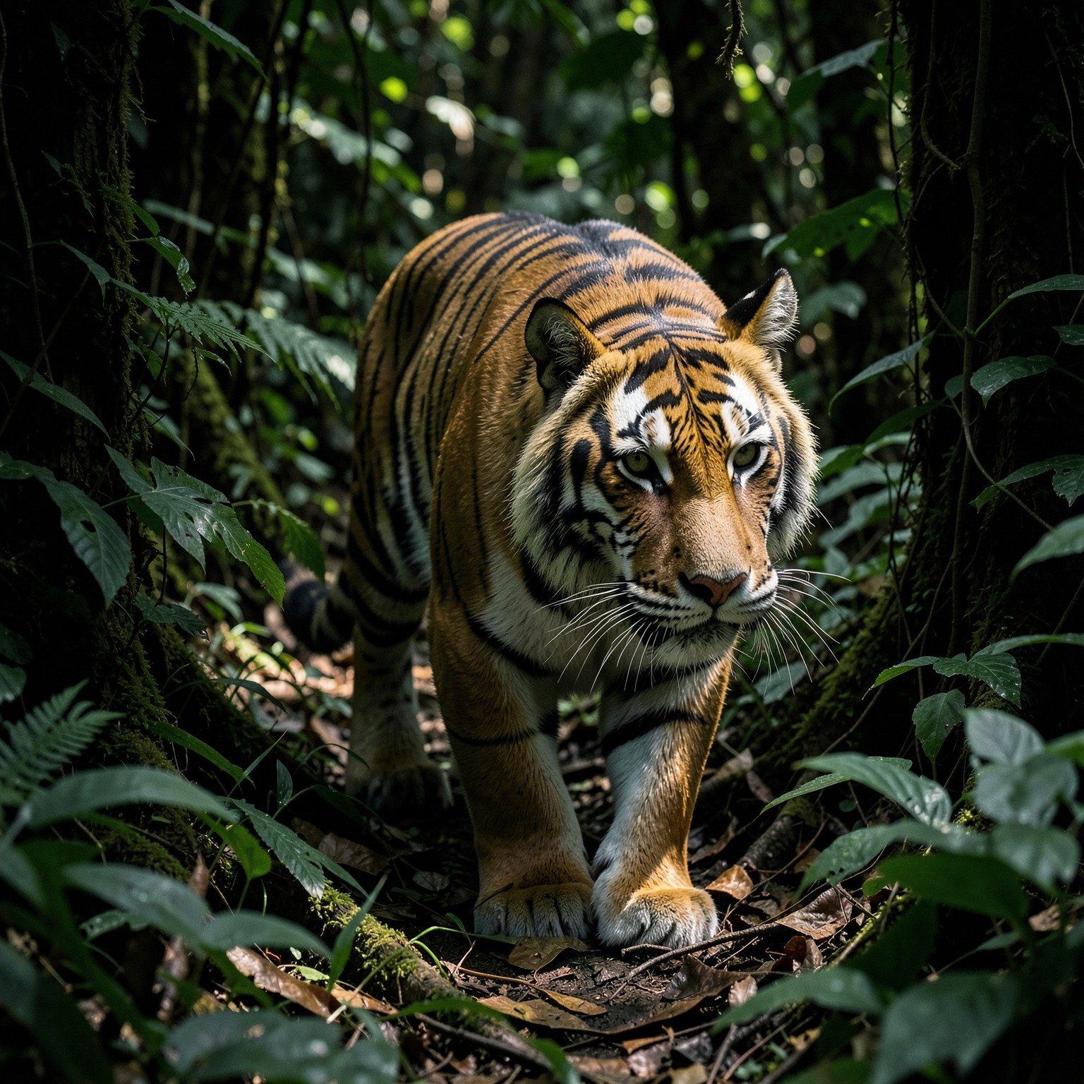 ultra realistic tiger emerging from jungle shadows