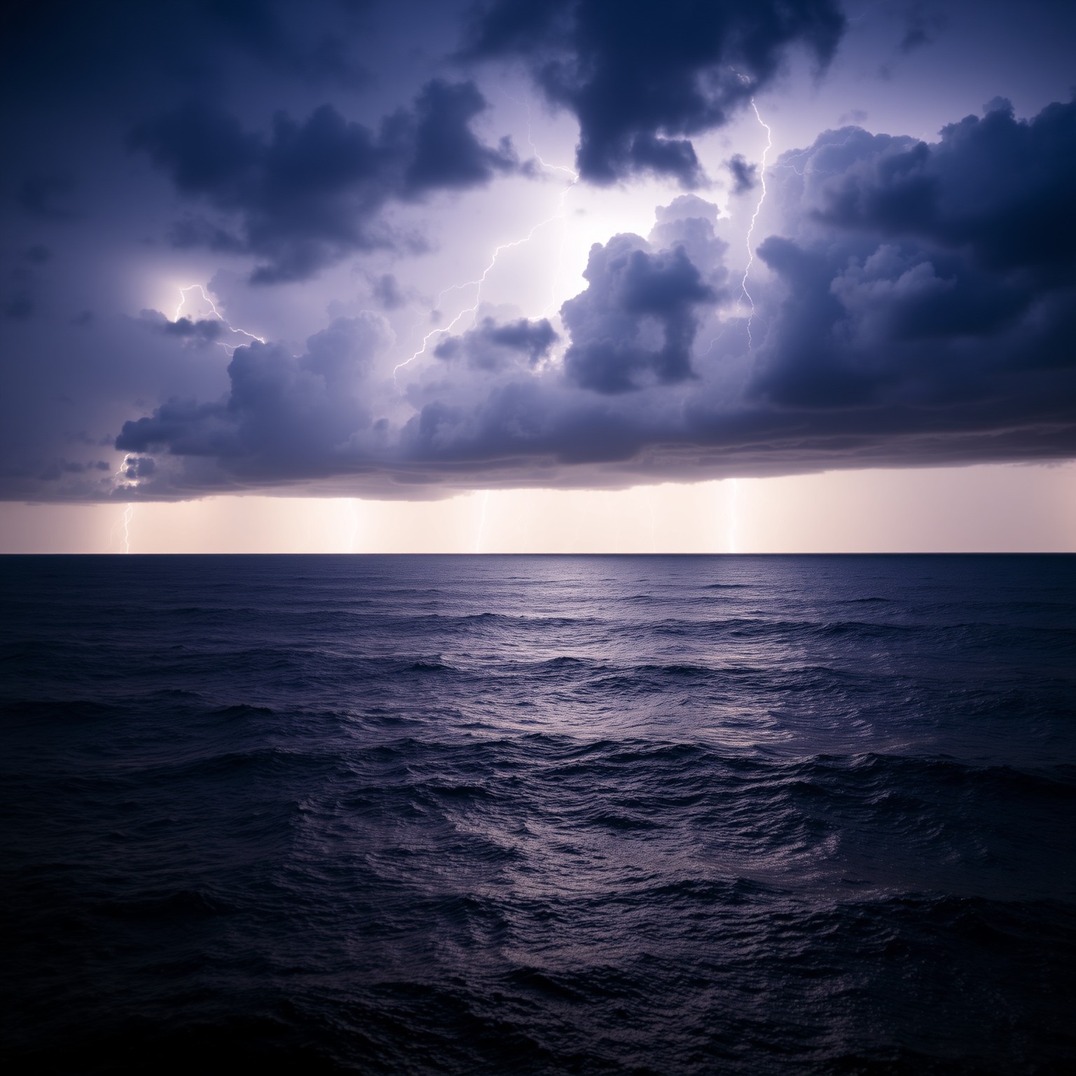 Dramatic lightning storm over a calm ocean with dark clouds and bright flashes