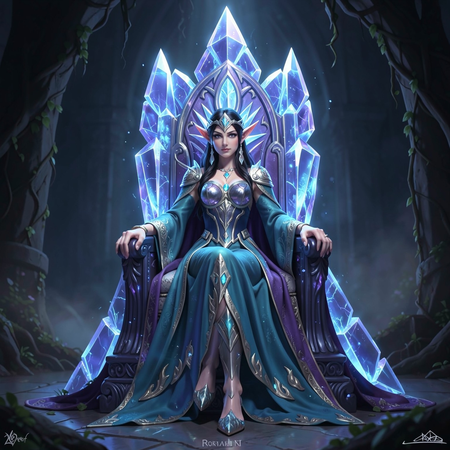 fantasy elf queen sitting on glowing crystal throne