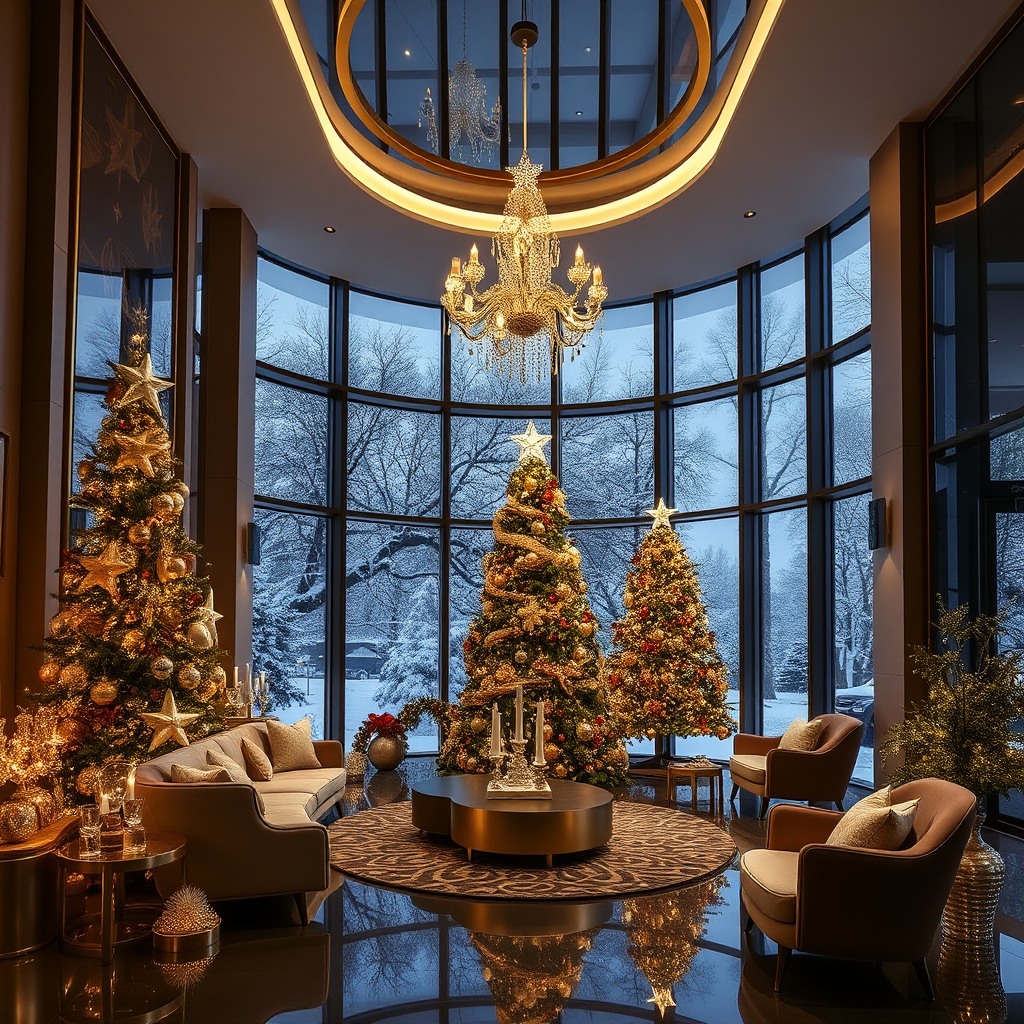 luxury christmas interior, modern design, golden decorations, ultra realistic
