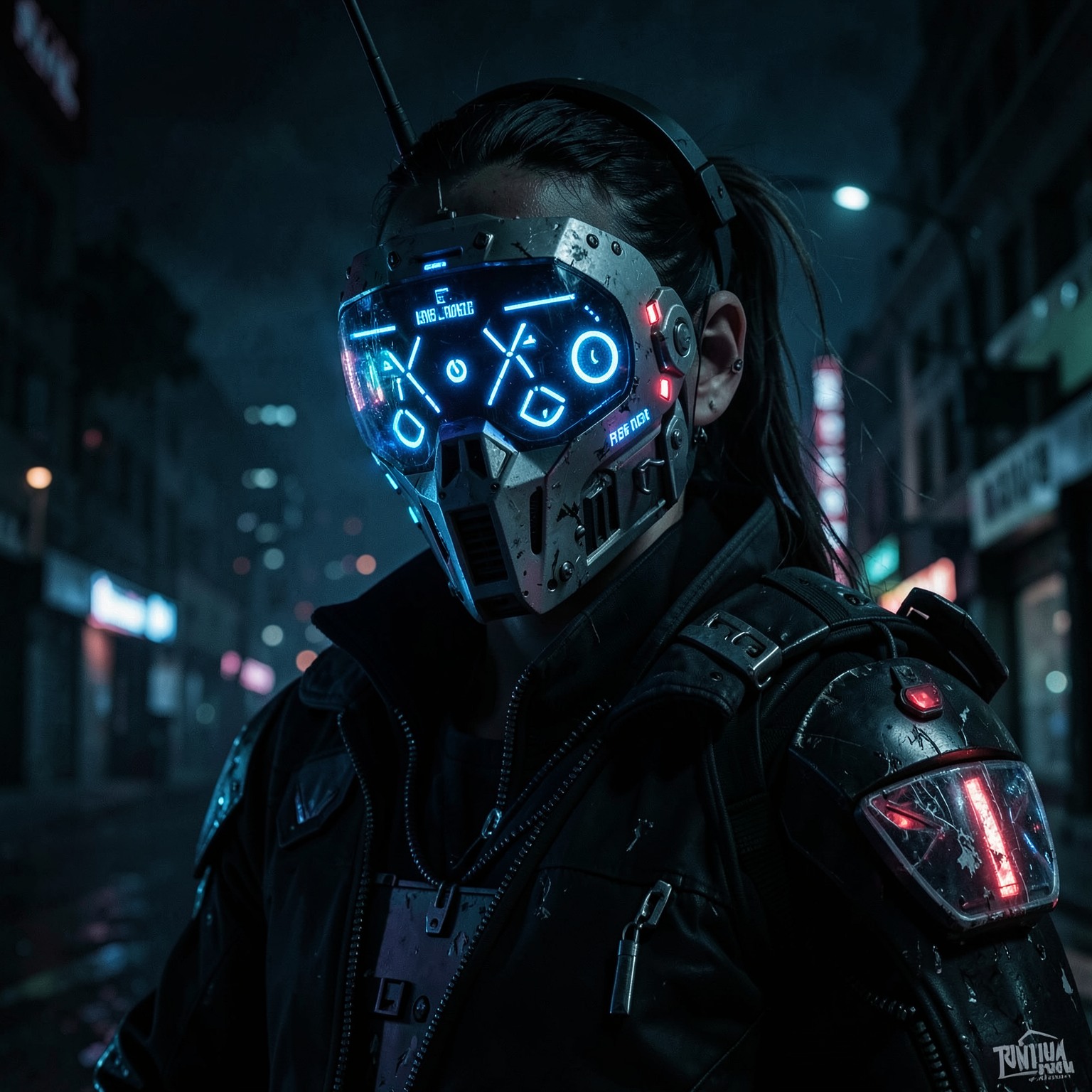 cyberpunk hacker wearing LED mask, dark atmosphere