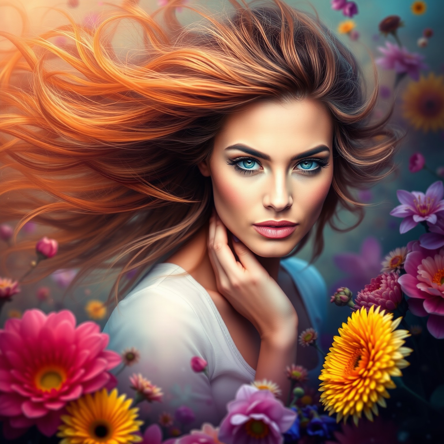 A stunning portrait of a woman with vibrant, flowing hair, surrounded by an explosion of flowers and colors, capturing the essence of nature and beauty.