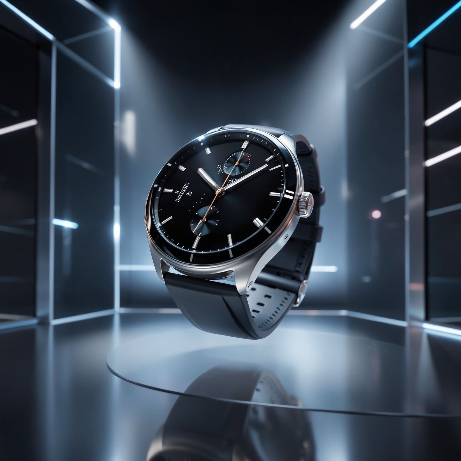 Luxury smartwatch floating in a futuristic studio, product showcase lighting
