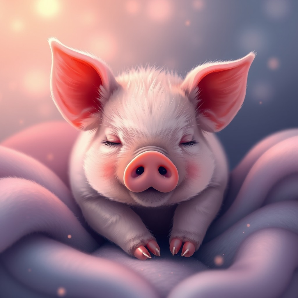 sleepy piglet, dreamy atmosphere, kawaii aesthetic