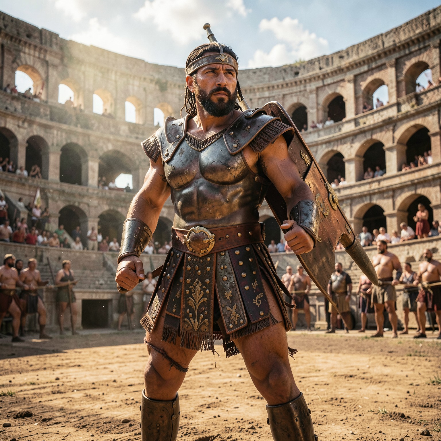 cinematic Roman gladiator inside ancient arena