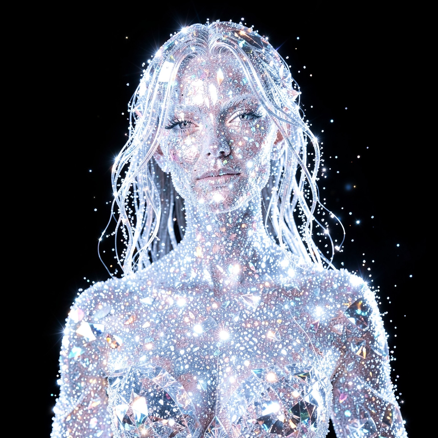 beautiful woman made entirely of crystal and light particles