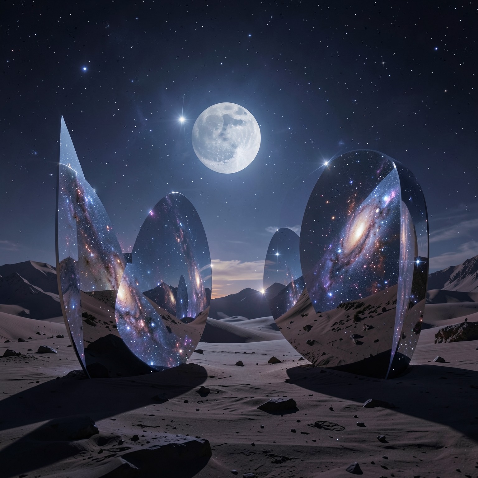 Surreal moonlit desert with giant mirrors reflecting galaxies