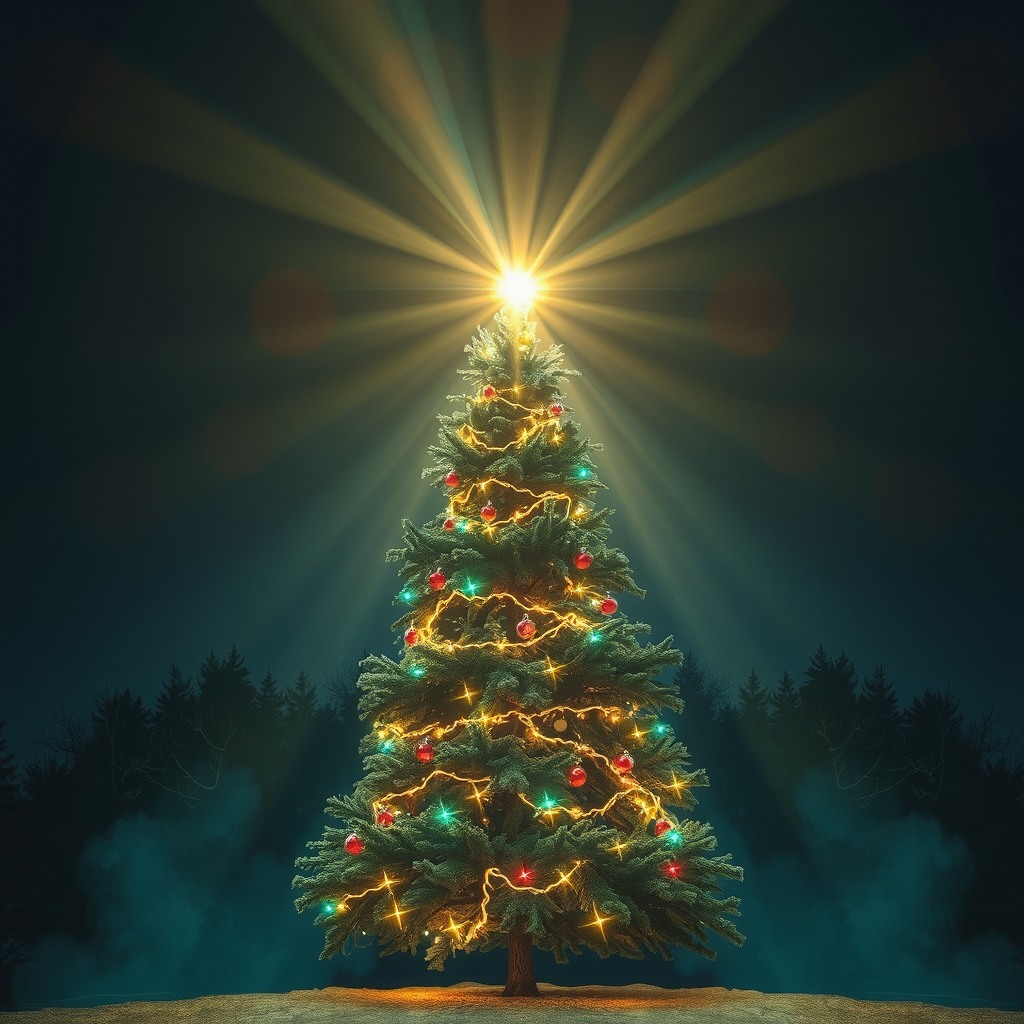 xmas tree night, surreal, god rays, moody cinematic