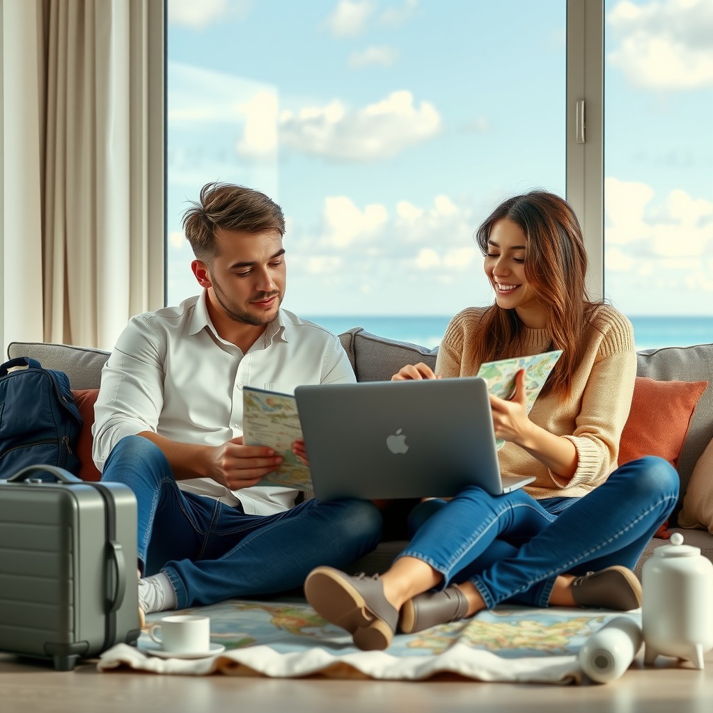 Photo-realistic editorial photography, realistic scene representing a couple planning vacation with laptop and maps