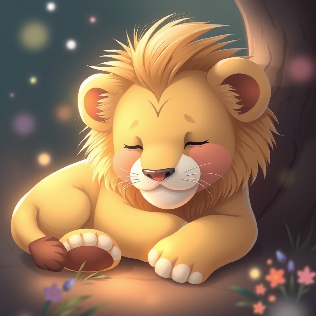 sleepy lion cub, dreamy atmosphere, kawaii aesthetic
