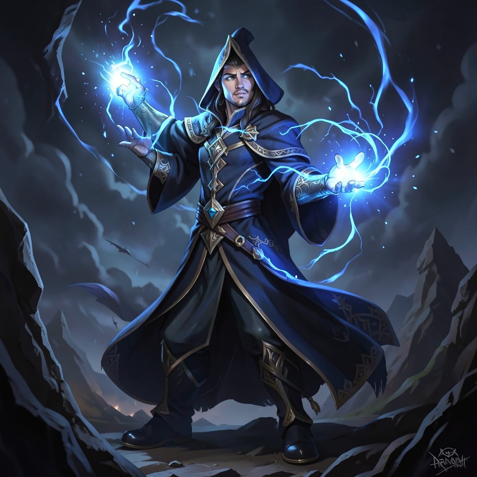 fantasy wizard casting blue energy spell