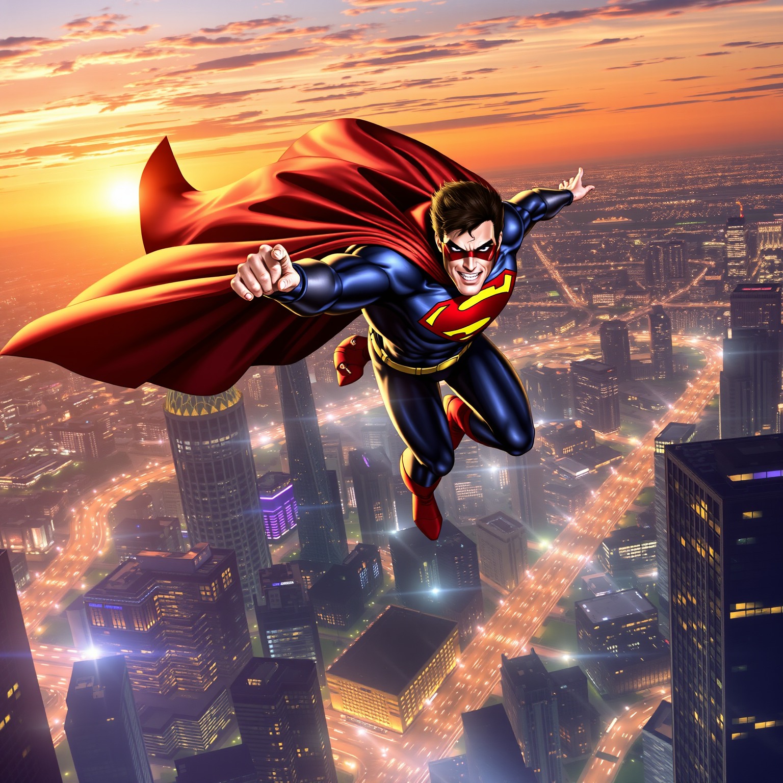 Superhero soaring through city skyline with flowing cape at sunset